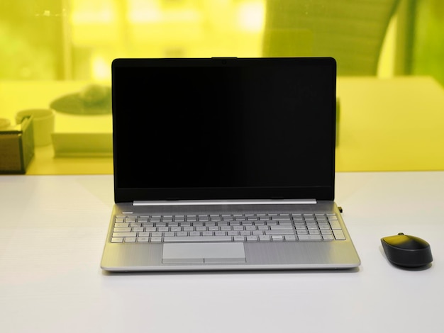 A laptop and mouse on the desk in the office