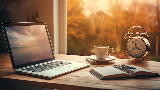 Photo a laptop a notebook a pen a cup of coffee and an alarm clock sit on a wooden desk with a window view