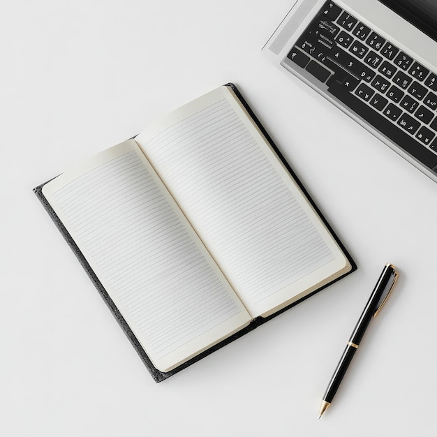 Laptop and Notebook on White Background with Copy Space