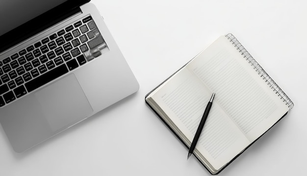 Laptop and Notebook on White Background with Copy Space