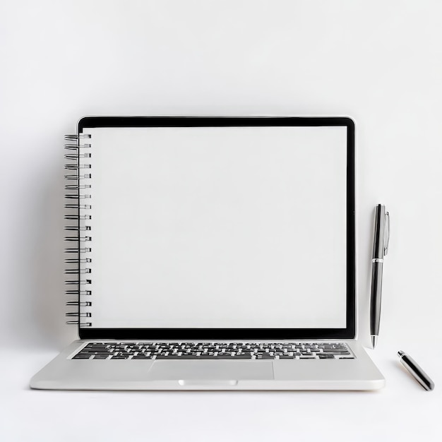 Photo laptop and notebook on white background with copy space