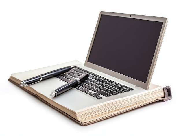 Laptop and Notebook on White Background with Copy Space