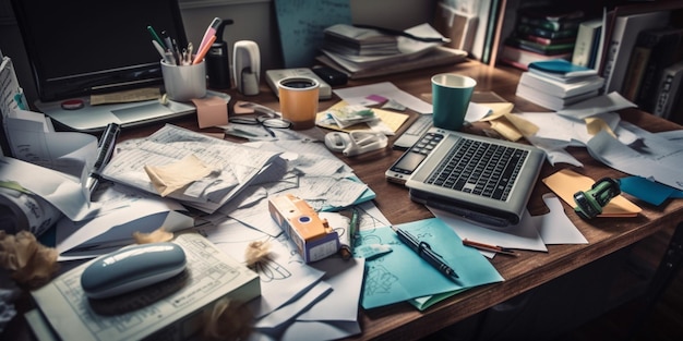 Laptop notes and office stationery in mess on desk