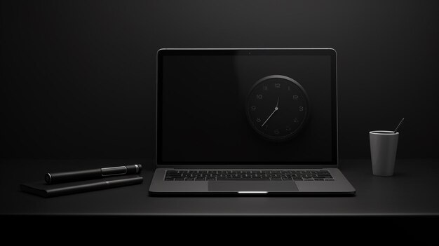 Photo laptop and office accessories on dark background ai generated