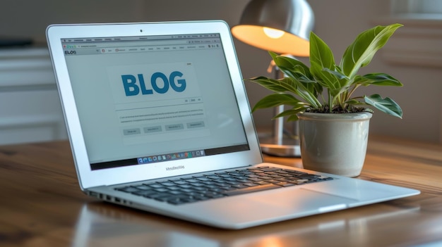 A laptop open on a blog page surrounded by a desk lamp and houseplants creating a cozy workspace atmosphere