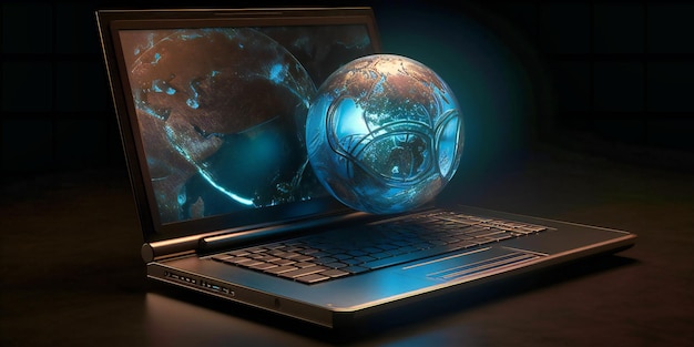 A laptop open with a globe of security locked on it