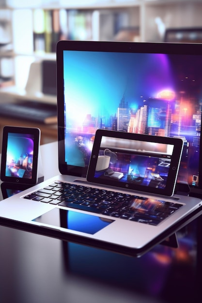 A laptop phone and tablet neatly arranged on a table Suitable for technology concepts