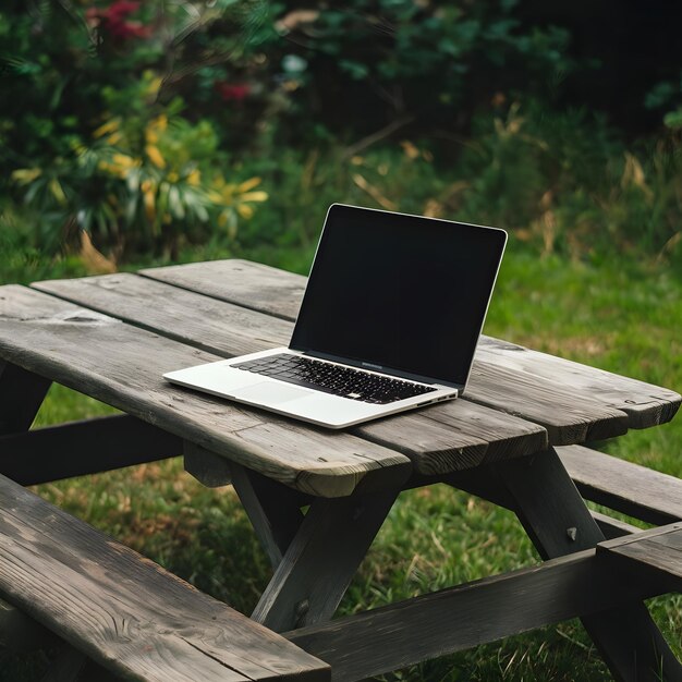 Laptop on Picnic Table in Outdoor Setting