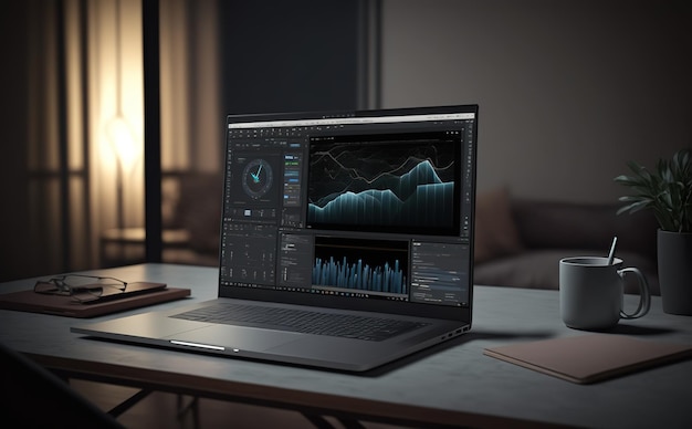 a laptop on professional office room with screen showing chart