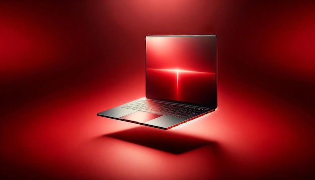 Laptop on Reflective Red Surface