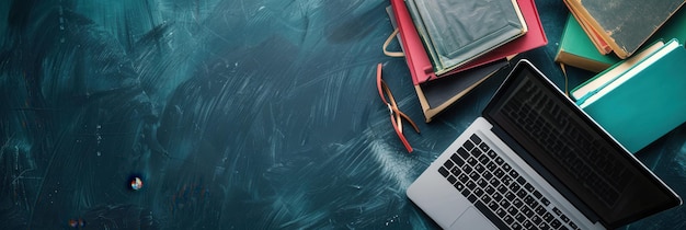 A laptop rests on a blue desk surrounded by various textbooks showcasing the blend of traditional and digital learning methods Generative AI