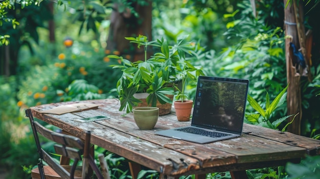 A laptop on a rustic wooden table in an outdoor setting surrounded