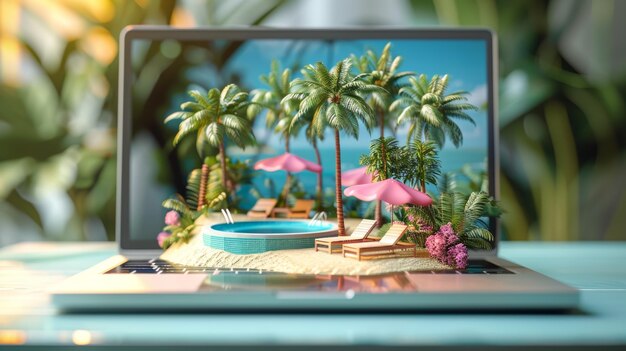 Photo laptop screen displaying a virtual tropical beach resort scene