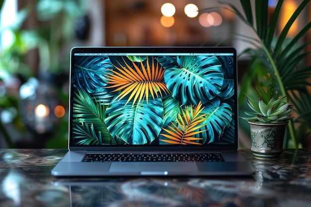 Laptop screen displays tropical leaves in a modern office space