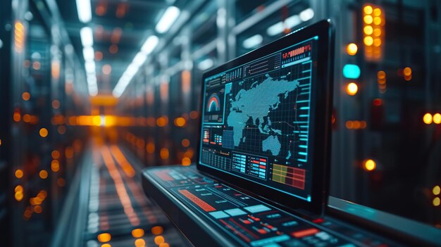 Laptop screen showing a global network activity map in a server room representing realtime data