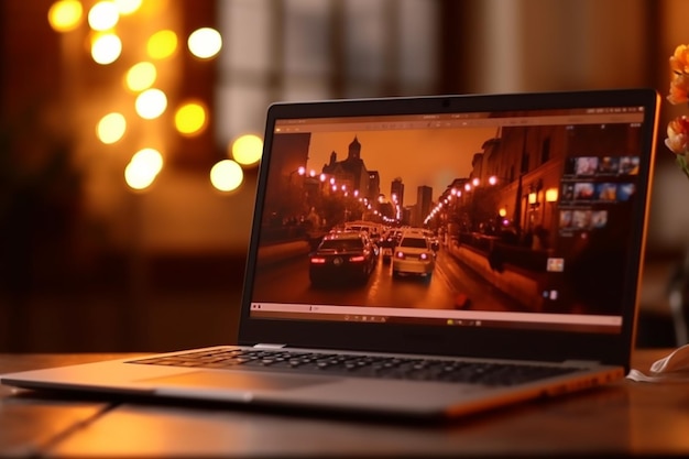 Laptop screen on table and sunlight background