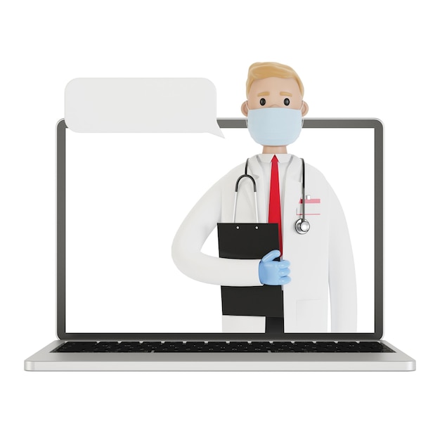 Laptop screen with male doctor. Online health insurance concept. The doctor holds the contract. 3D illustration in cartoon style.