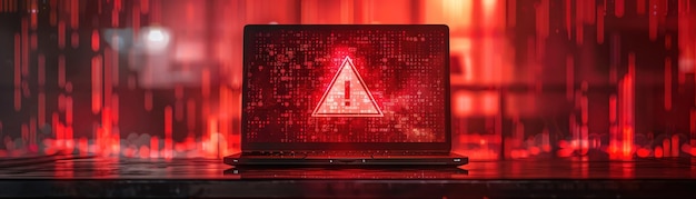 Photo laptop screen with red alert symbol code in background cyber threat