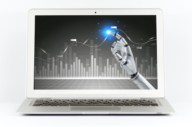 A laptop screen with a robot hand on it.