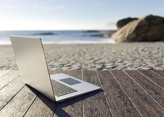 Laptop and sea workplace on beach Distance work working online Education courses online training learning Shopping via internet Ecommerce Vacation holiday and work Freelance 3D render