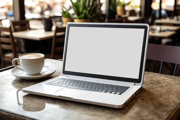 Laptop showing blank empty white mockup screen in coffee shop restaurant Generative AI