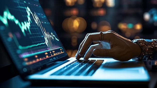 A laptop showing a stock market with a robot hand