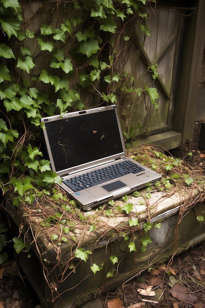 A laptop sits on a bench with ivy growing on it.