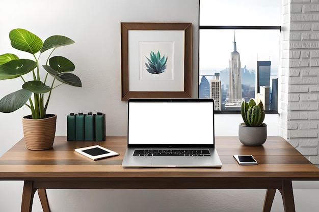 A laptop sits on a desk in front of a picture of a tropical plant.