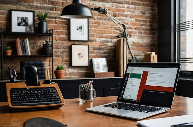 a laptop sits on a desk with a brick wall behind it