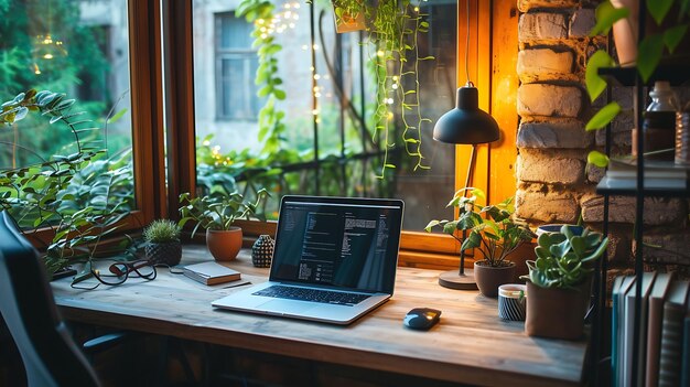 a laptop sits on a desk with plants and a lamp