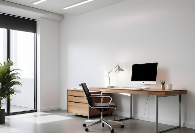 A laptop sits on a desk with plants lamps and a gray wall behind it background mockup