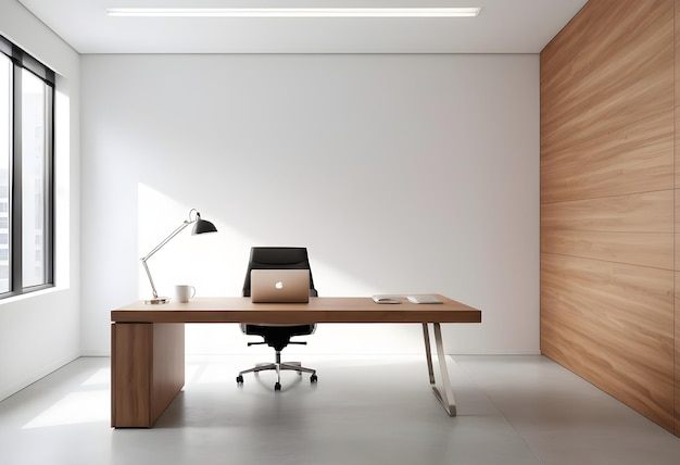 A laptop sits on a desk with plants lamps and an offwhite wall behind it background mockup