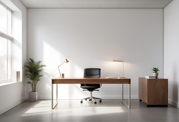 A laptop sits on a desk with plants lamps and an offwhite wall behind it background mockup