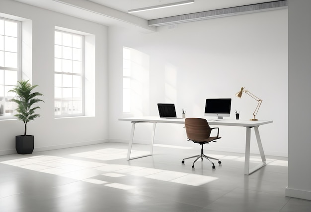 A laptop sits on a desk with plants lamps and a white wall behind it background mockup