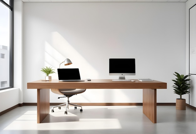 A laptop sits on a desk with plants lamps and a white wall behind it background mockup