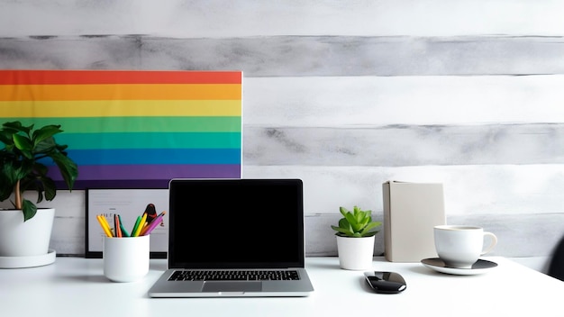 A laptop sits on a desk with a rainbow flag behind it.