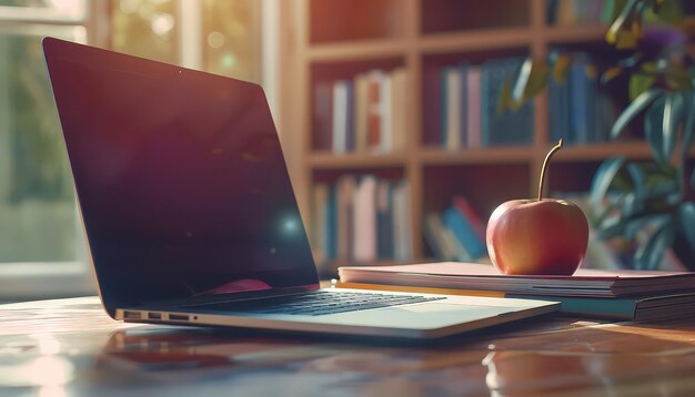 Photo a laptop sits on a desk with a stack of books and a vase of pens