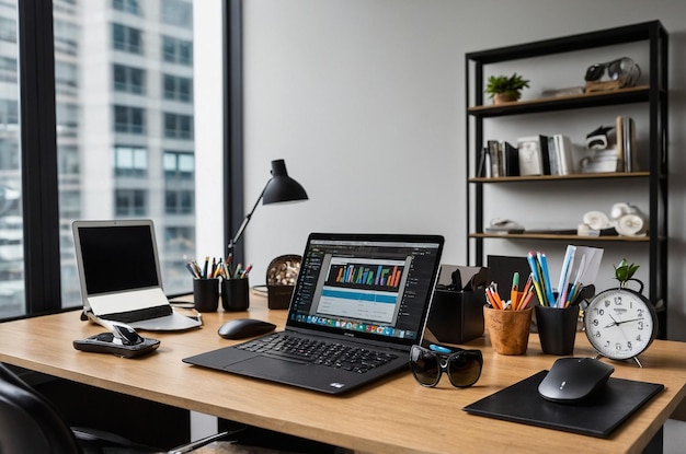 a laptop sits on a desk with a window behind it