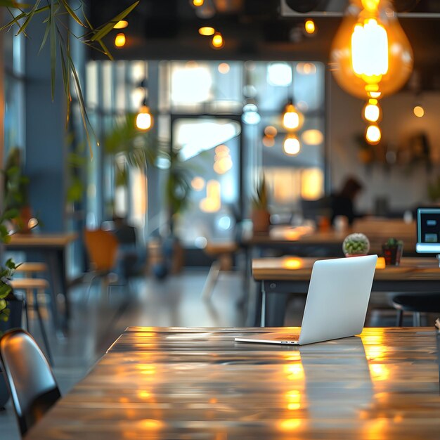 a laptop sits on a table in a restaurant with a plant in the corner