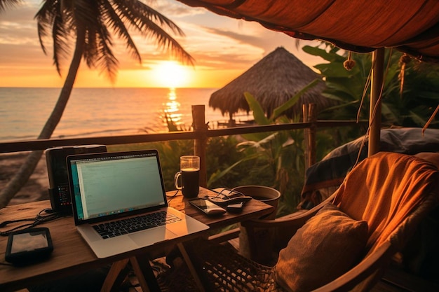 A laptop sits on a table with a palm tree in the background.