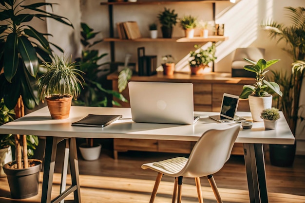 Photo a laptop sits on a table with a plant in the corner of the room