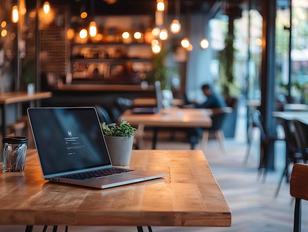 a laptop sits on a table with a plant in a pot on the table