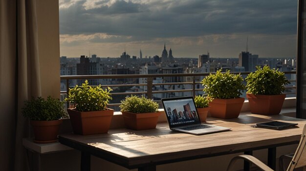 a laptop sits on a table with potted plants on it