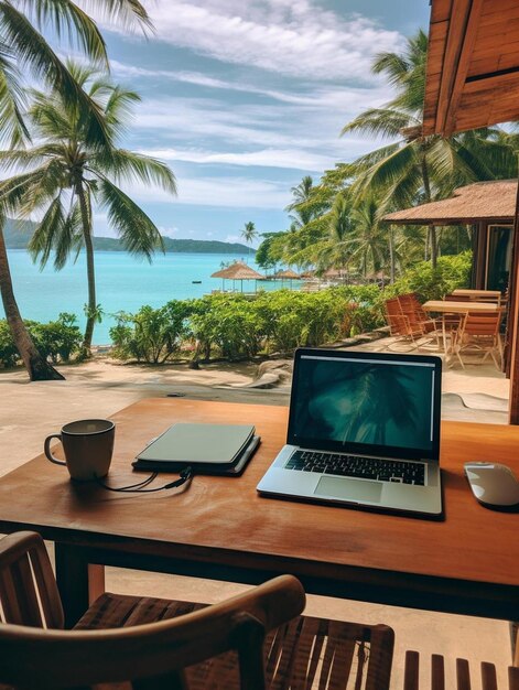 a laptop sits on a table with a view of the ocean.