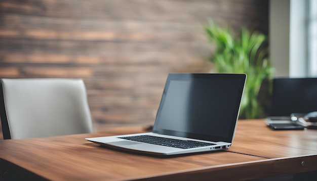 a laptop sits on a table with a wooden table in the background