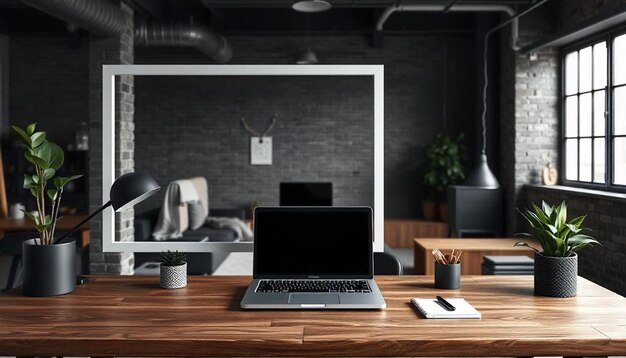 Photo a laptop sits on a wooden table in a room with a black wall behind it