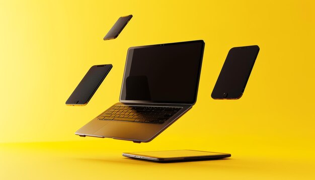 Photo laptop smartphone and tablet suspended in midair on a vibrant yellow background creating