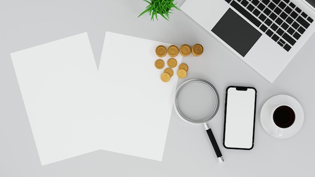 Laptop and smartphone with coffee gold coin and magnifying glass on working table 3D rendering