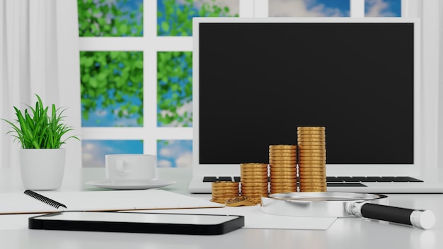 Laptop and smartphone with coffee gold coin and magnifying glass on working table 3D rendering