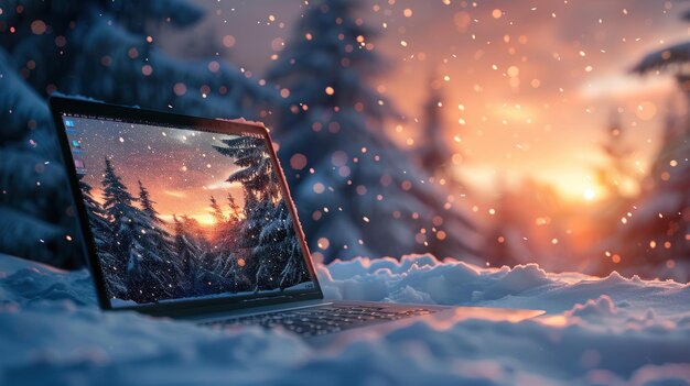 Photo laptop in snowy forest at sunset